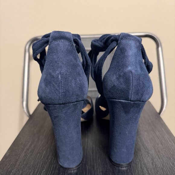 Karl Lagerfeld Paris Navy Blue Suede Ankle Strap Block Heels - Picture 8 of 13